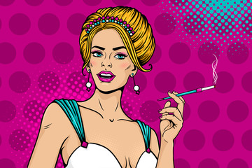Wow female face. Sexy young blonde woman with open mouth in festive dress and tiara holding mouthpiece with cigarette. Vector colorful background in pop art retro comic style. Party invitation poster. - 192167292