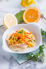 swordfish carpaccio  marinated with lemon orange and mint leaves