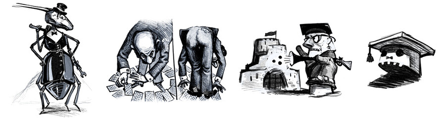 The ant, the sharper, the judge and the judge's hat, a black and white illustration