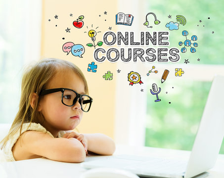 Online Courses text with little girl using her laptop