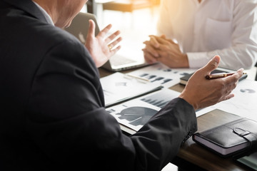 Administrator business man financial inspector and secretary making report, calculating balance. Service checking document. Audit team work discussting concept