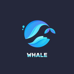 Gradient vector logo of fish on the hook. Logotype of whale in the sea. Fishing concept