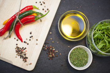 cooking ingredients on a black stone background