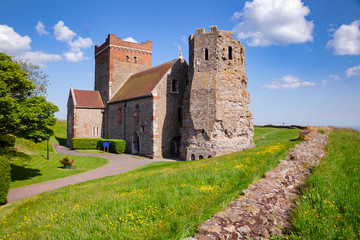 Fototapeta na wymiar Roman lighthouse and St Mary de Castro church Dover Castle Kent Southern England UK