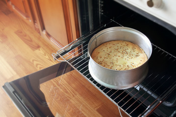 Homemade apple pie in opened oven. Fresh baked apple cake in alectric oven with opened door.
