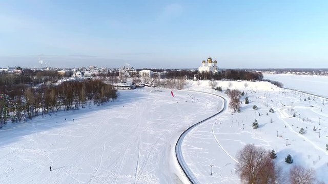 Assumption Cathedral in Yaroslavl. Aero panorama with a view of the Volga River and the central part of the city. Winter.