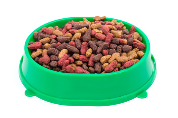 dry cat food in green bowl