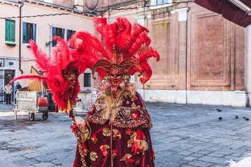 VENICE, ITALY - FEBRUARY 10 2018: Wonderful red typical plumage - rich venetian mask