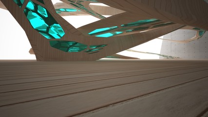Fototapeta premium Abstract concrete and wood parametric interior with window. 3D illustration and rendering.