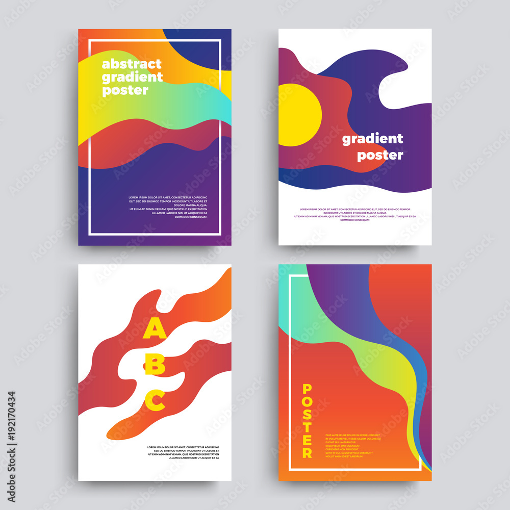 Poster set of vector abstract posters with geometric gradient shapes and retro colors. bright 80's posters