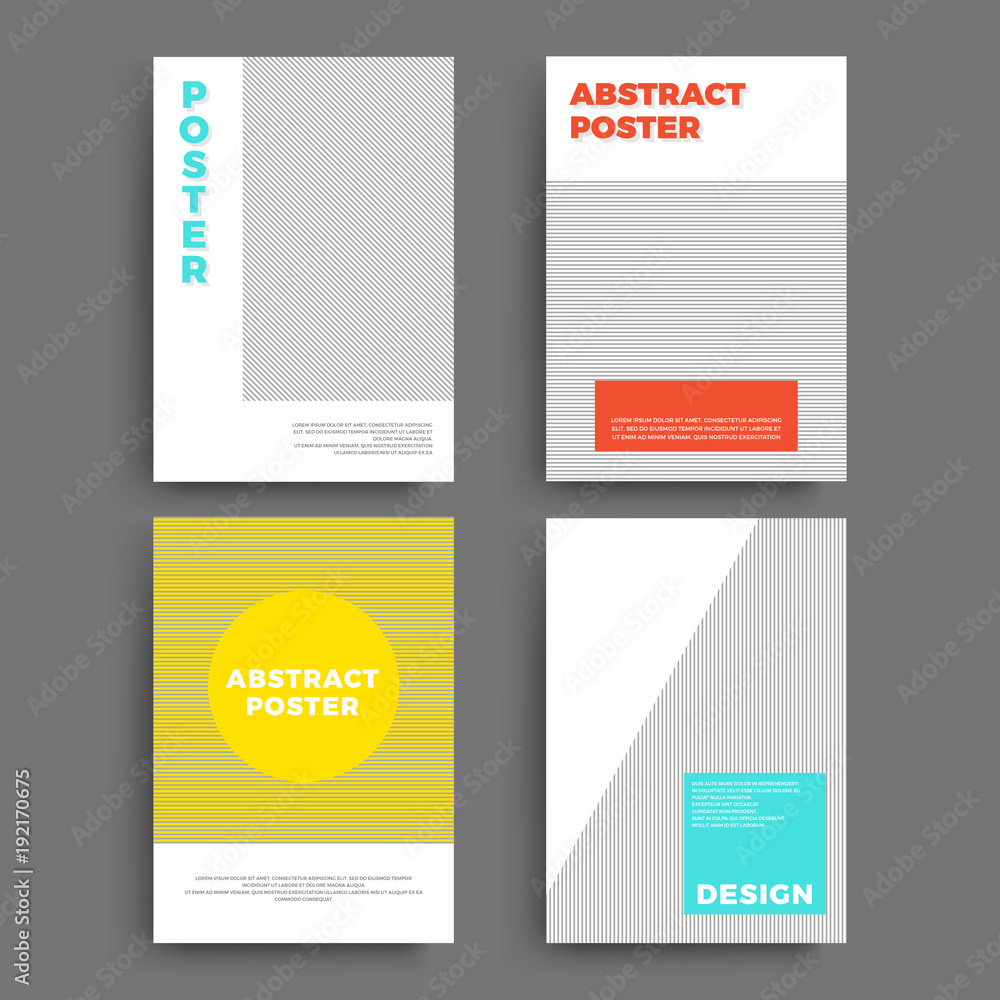 Poster set of abstract geometric 80's posters with simple shapes and retro colors.
