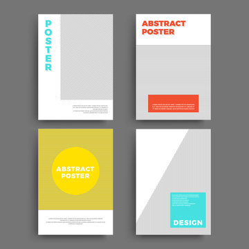 Set of abstract geometric 80's posters with simple shapes and retro colors. 
