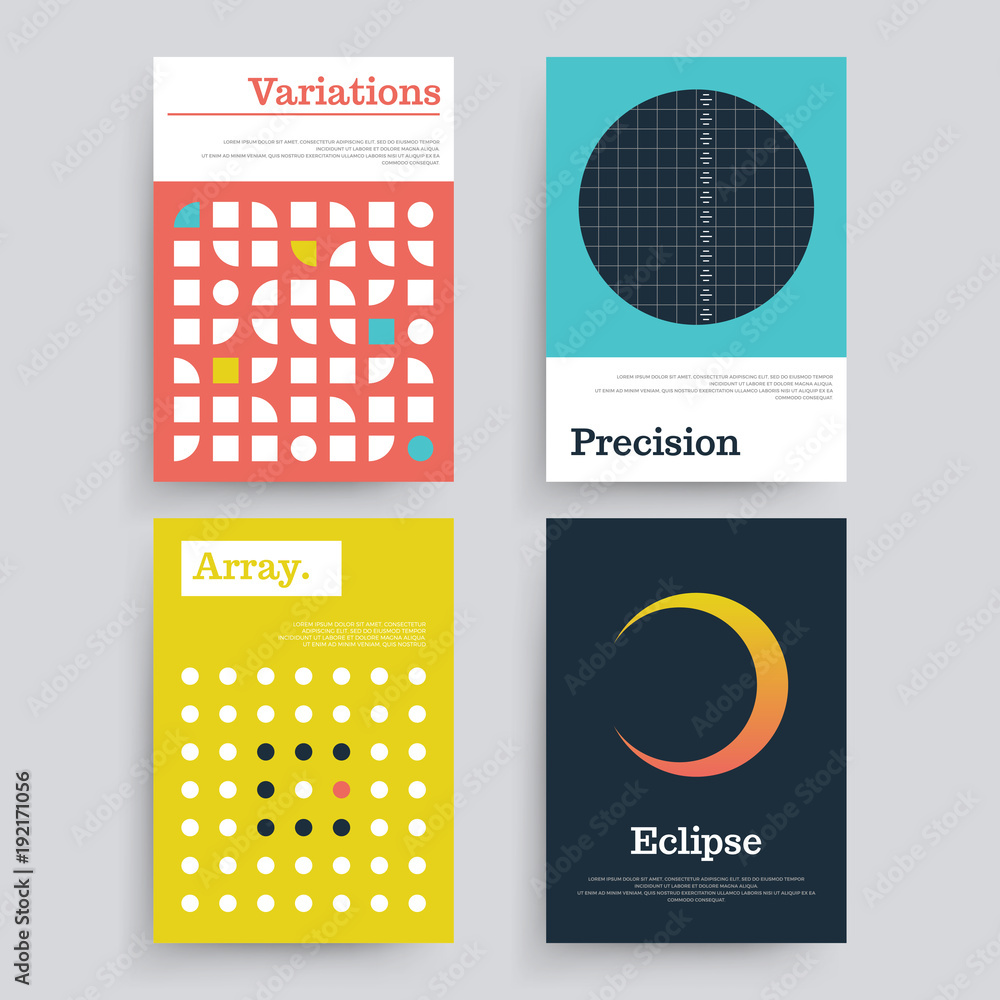Poster set of abstract geometric 80's posters with simple shapes and retro colors.