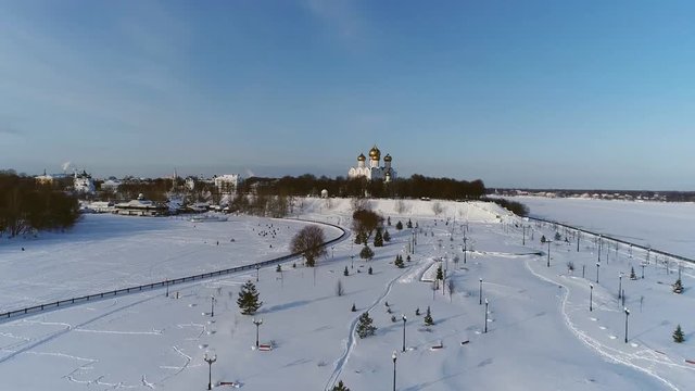 Assumption Cathedral in Yaroslavl. Aero panorama with a view of the Volga River and the central part of the city. Winter.