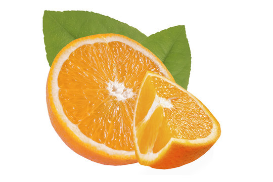 Two cut pieces of sweet tropical juicy orange with a green leaf