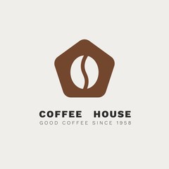 Minimalistic vector logo for coffee shop. Flat logotype with coffee bean and stylized house. Negative space