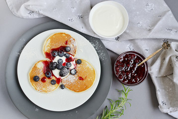 Homemade Pancakes Sour Cream Jam Berries Gray Background Healthy Breakfast