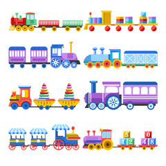 Toy train with kid toys vector flat icons for children design