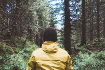 Fototapeta na wymiar Man in yellow jaket in wild forest. Travel and adventure concept. Mountains landscape photography
