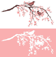 birds sitting on blooming sakura tree branches - outline and silhouette vector design set