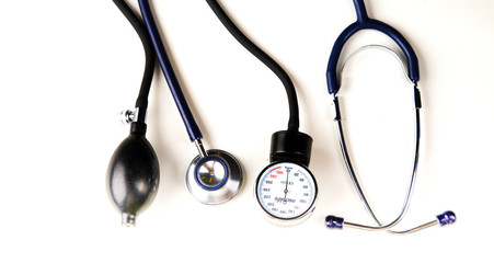 Blood pressure meter and stethoscope, isolated on white