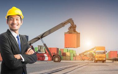 Businessman stand on front forklift loading Containers box