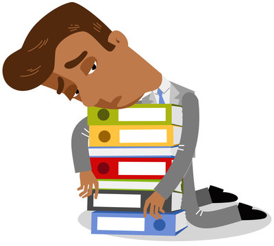 Vector illustration of an overwhelmed and tired asian cartoon businessman breaking down on stack of binders isolated on white background