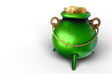 3d rendering of green pot full of golden coins in St Patrick's day theme, isolated on white background with clipping paths.