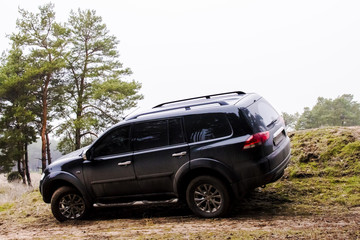 Fototapeta na wymiar large black SUV stands inclined on a sandy hill in the forest