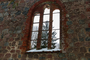 an old church wall of stones.