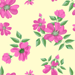 Vector seamless pattern of wild rose flowers.