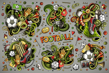 Vector doodles cartoon set of football combinations of objects - obrazy, fototapety, plakaty