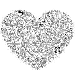 Set of vector cartoon doodle classic musical instruments and objects collected in a heart