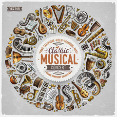 Naklejka premium Set of vector cartoon doodle classic musical instruments and objects collected in a circle border