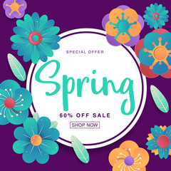 Spring sale banner with paper flowers for online shopping, advertising actions, magazines and websites