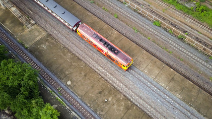 Aerial view of the train on the rail track.