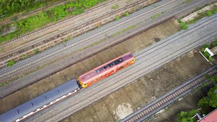 Aerial view of the train on the rail track.