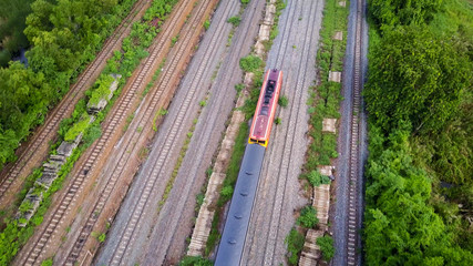 Aerial view of the train on the rail track.