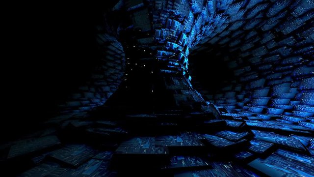 Sci-fi super computer circuitboard tower rotating 3D animation seamless loop.
