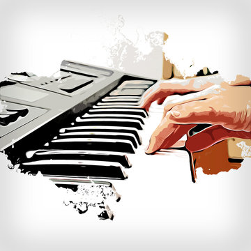 Abstract beautiful hand playing keyboard of the piano foreground Watercolor painting background and Digital illustration brush to art.