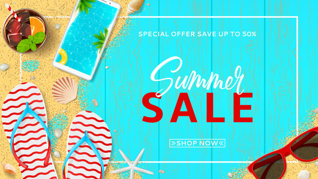 Summer sale promo web banner. Top view on red sun glasses, seashells, cocktail, smartphone, flip flops and sea sand on wooden texture. Vector illustration with special discount offer.