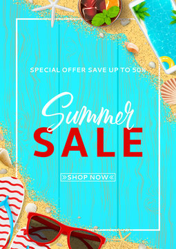 Summer sale promo web banner. Top view on red sun glasses, seashells, cocktail, smartphone, flip flops and sea sand on wooden texture. Vector illustration with special discount offer.