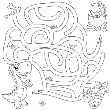 Help dinosaur find path to nest. Labyrinth. Maze game for kids. Black and white vector illustration for coloring boo