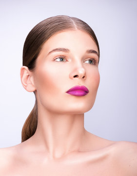 Beauty closeup portrait. Professional make-up, delicate clean skin