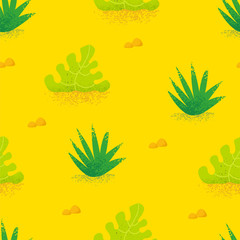 Fototapeta na wymiar Summer seamless pattern with tropical plants on yellow background. Ornament for textile and wrapping. Vector.