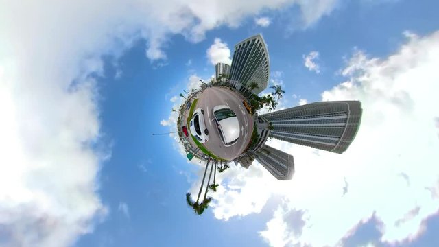 VR video of a tiny planet car driving on a road