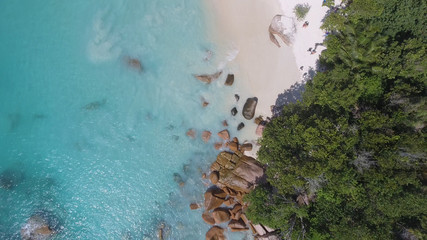 Overhead aerial view of beauiful tropical beach with stones and trees