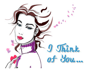 Woman with heart and phrase I Think of You
