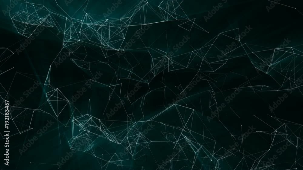 Poster slowly moving particles with turquoise rays of light. computer graphics