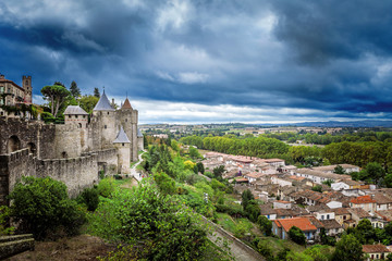 Fototapeta na wymiar Ancient castle of Carcassonne fortress overlooking the southern France countryside